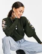 Only Volume Sleeve Embroidered Sweater In Khaki-black