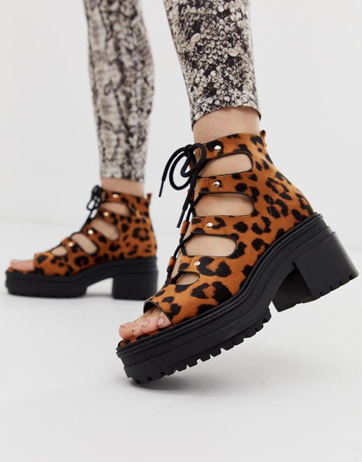 Asos Design Sergio Lace Up Mid Heels In Leopard - Multi