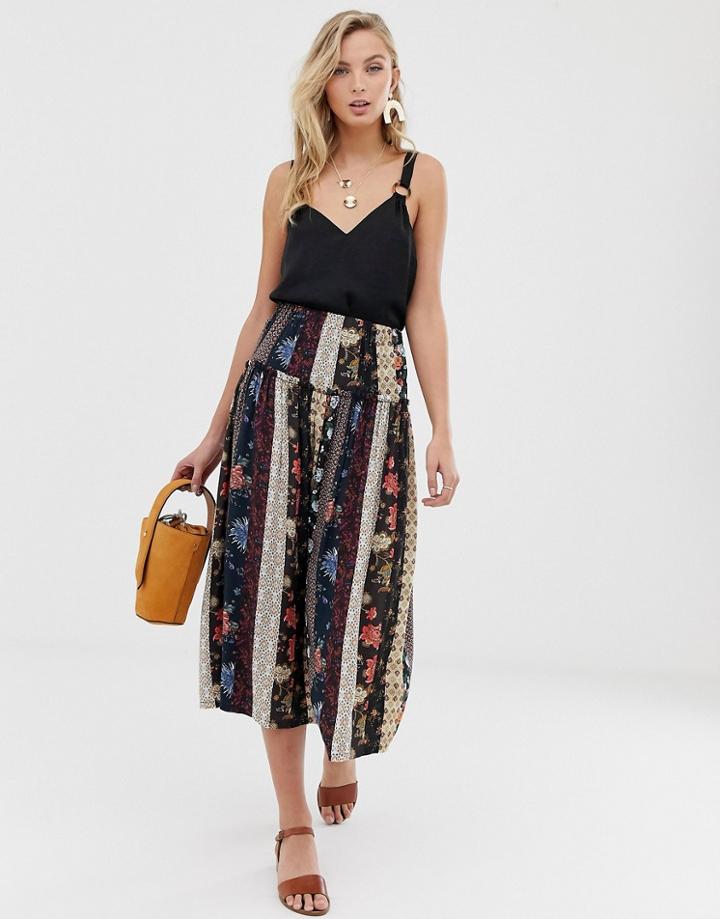 Asos Design Mixed Scarf Print Prairie Midi Skirt-multi
