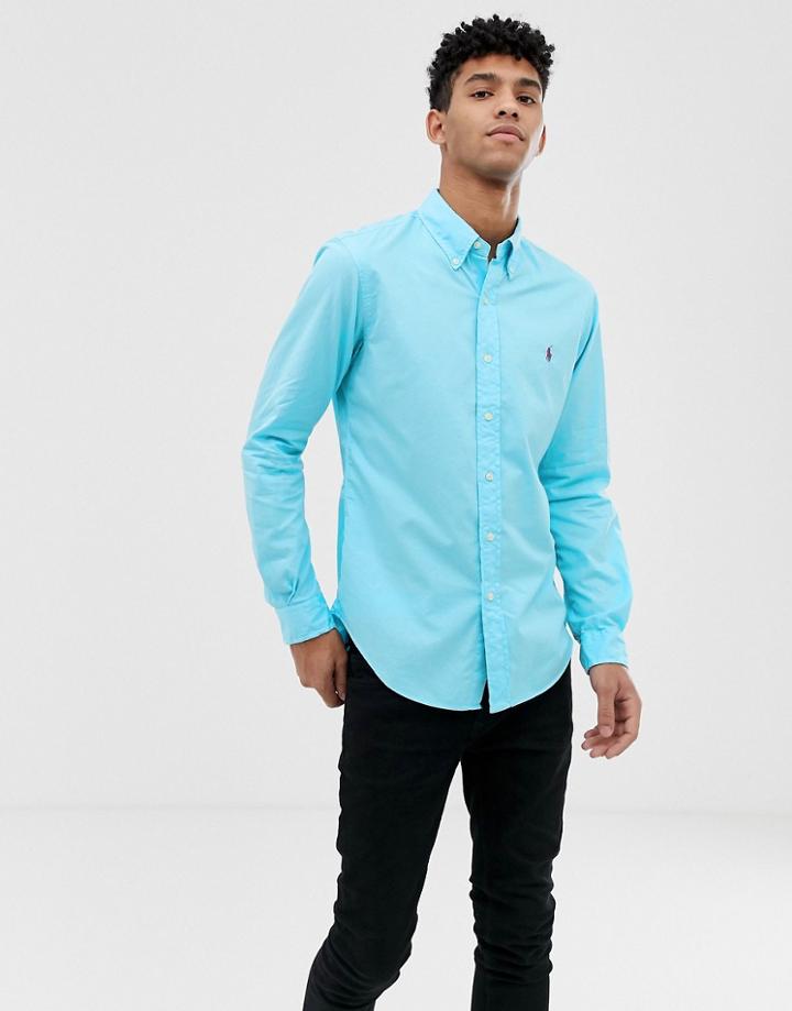 Polo Ralph Lauren Player Logo Button Down Garment Dye Chino Shirt Slim Fit In Turquoise Blue