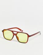 Asos Design Aviator Sunglasses In Crystal Brown With Yellow Lens
