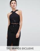 Little Mistress Tall Cross Front Floral Lace Applique Insert Pencil Dress - Black