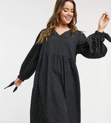 Lola May Curve Smock Midi Dress In Polka Dot-black