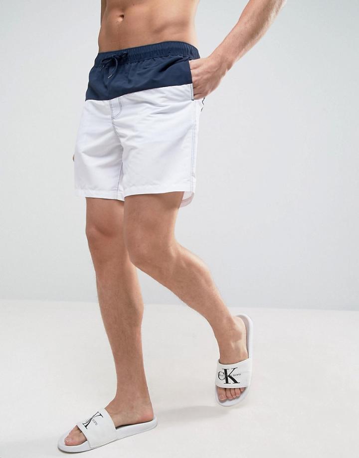Asos Swim Shorts In Navy With White Panel In Mid Length - Navy