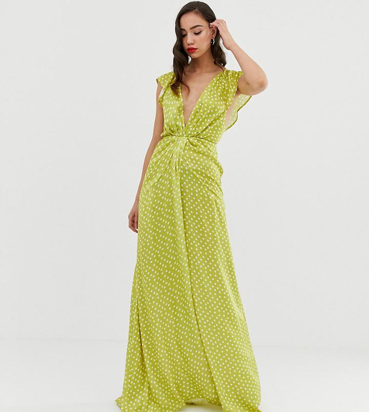 Asos Design Tall Ruffle Sleeve Knot Front Maxi Dress In Polka Dot - Multi