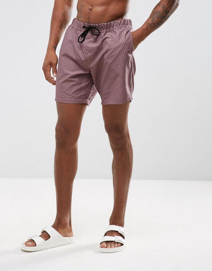 Asos Swim Shorts With Geometric Print In Pink Mid Length - Pink