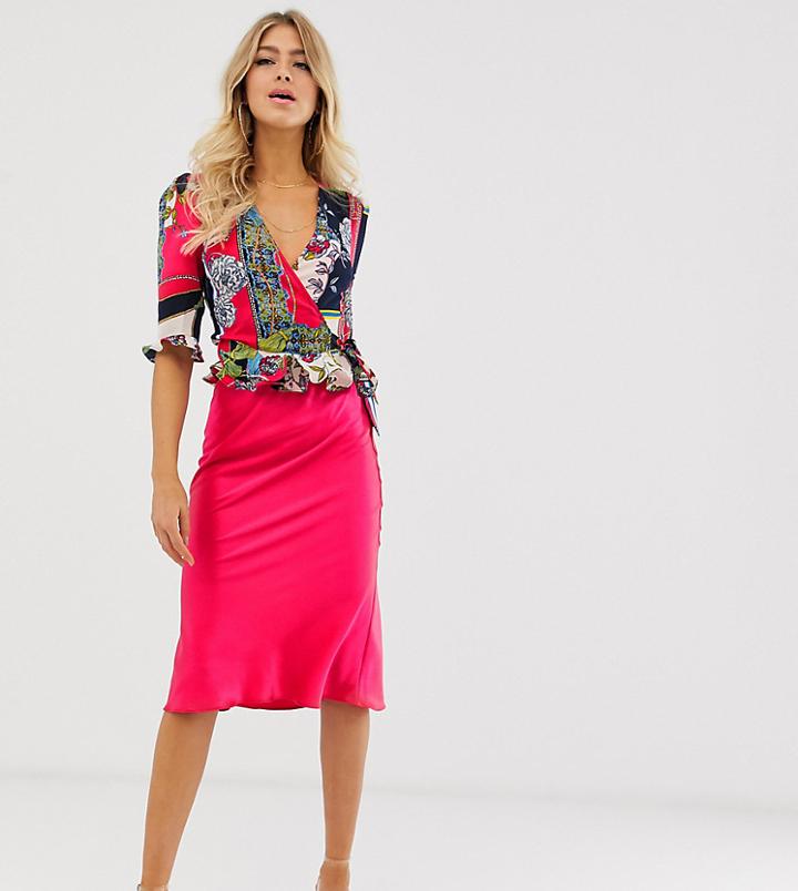 Outrageous Fortune Wrap Front Frilly Tie Crop Top In Red Scarf Print-multi
