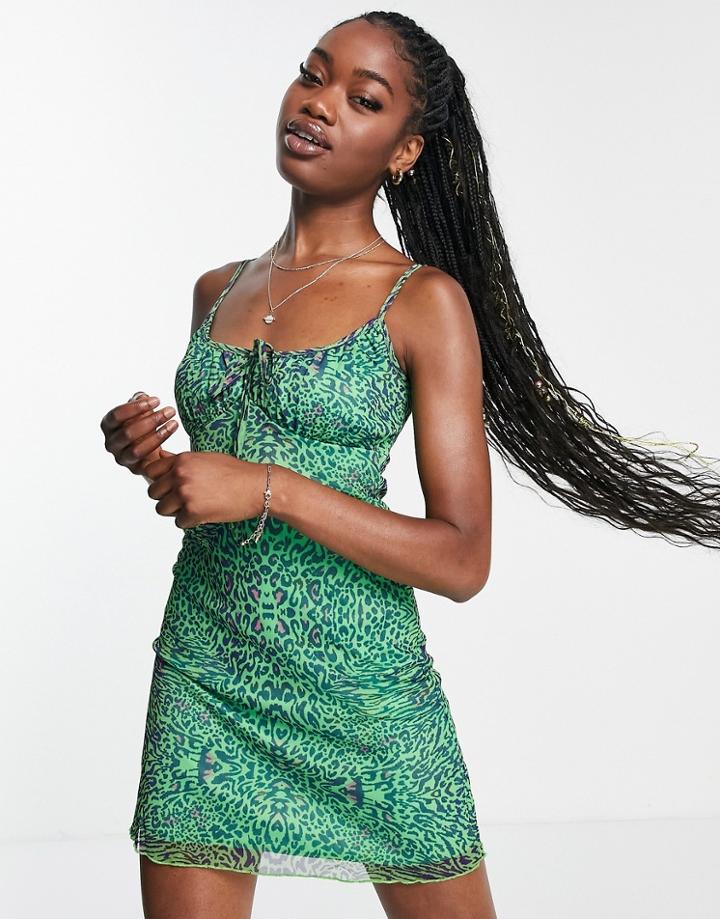Brave Soul Daisy Ruched Bust Mesh Cami Dress In Green