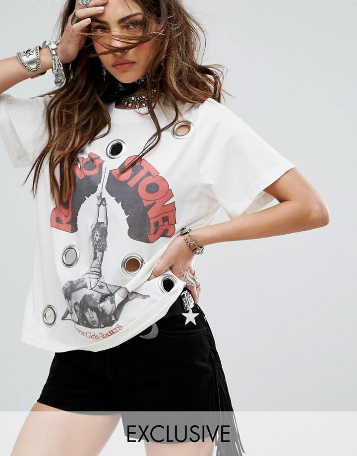 Sacred Hawk T-shirt With Oversized Eyelets And Rolling Stones Print - White