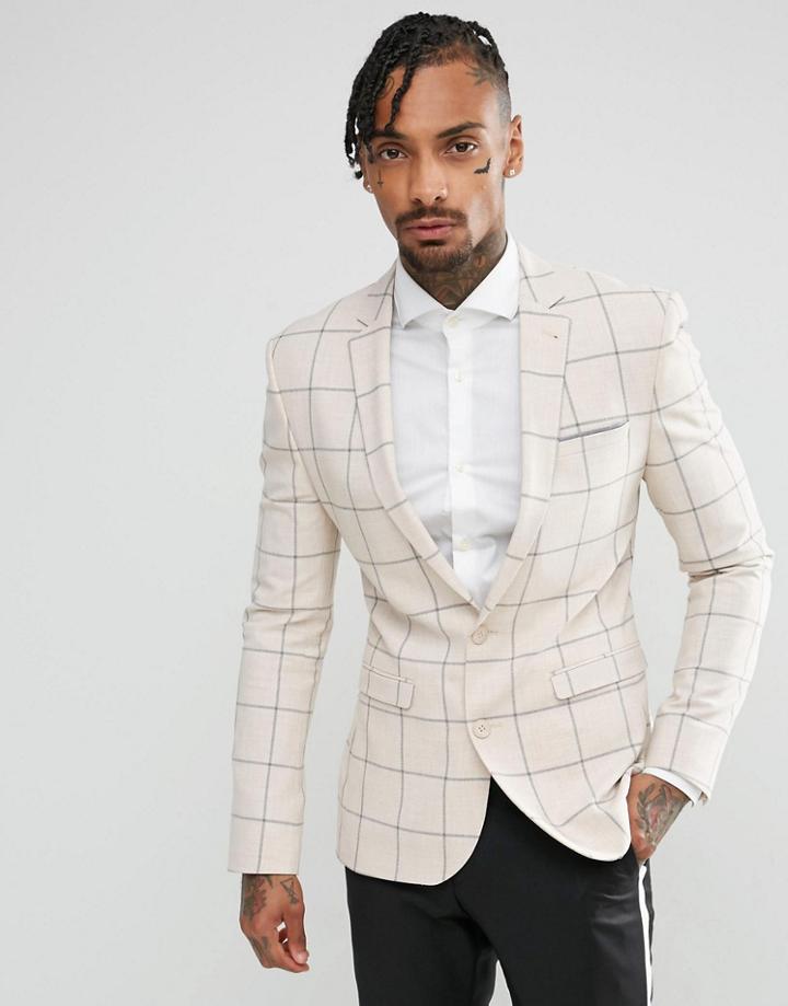 Asos Super Skinny Blazer In Putty Windowpane Check - Stone
