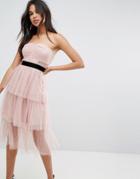 Asos Bardot Dobby Tiered Mesh Midi Prom Dress - Beige