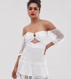Asos Design Tall Bardot Mini Dress In Broderie Lace With Circle Trim Detail - White