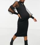 Asos Design Maternity Organza Spot Rib High Neck Midi Dress In Black