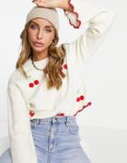 River Island Cherry Embroidered Sweater In Cream-white