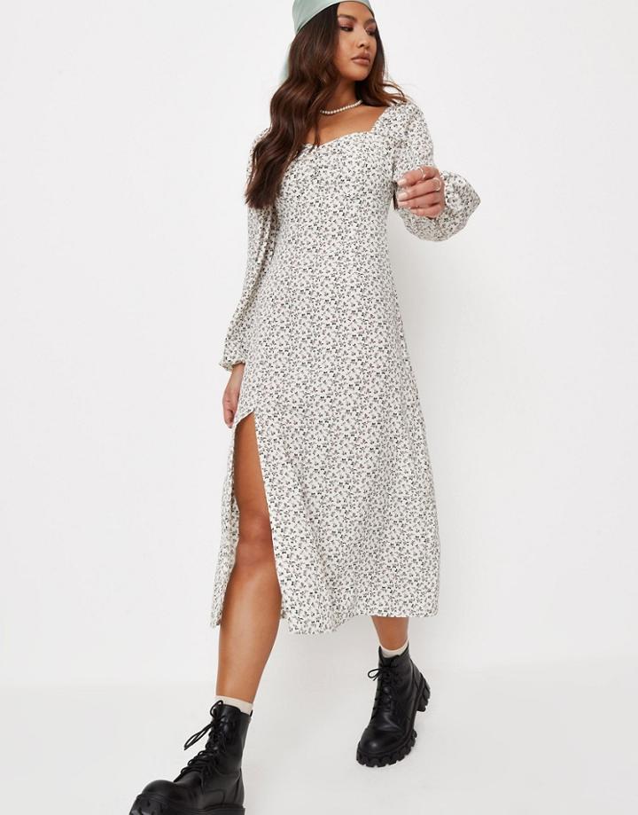 Missguided Long Sleeve Midi Dress With Ruched Bust In Cream Floral-white
