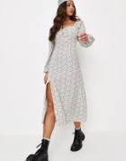 Missguided Long Sleeve Midi Dress With Ruched Bust In Cream Floral-white