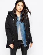 Only Hooded Parka Jacket With Contrast Buttons - Black
