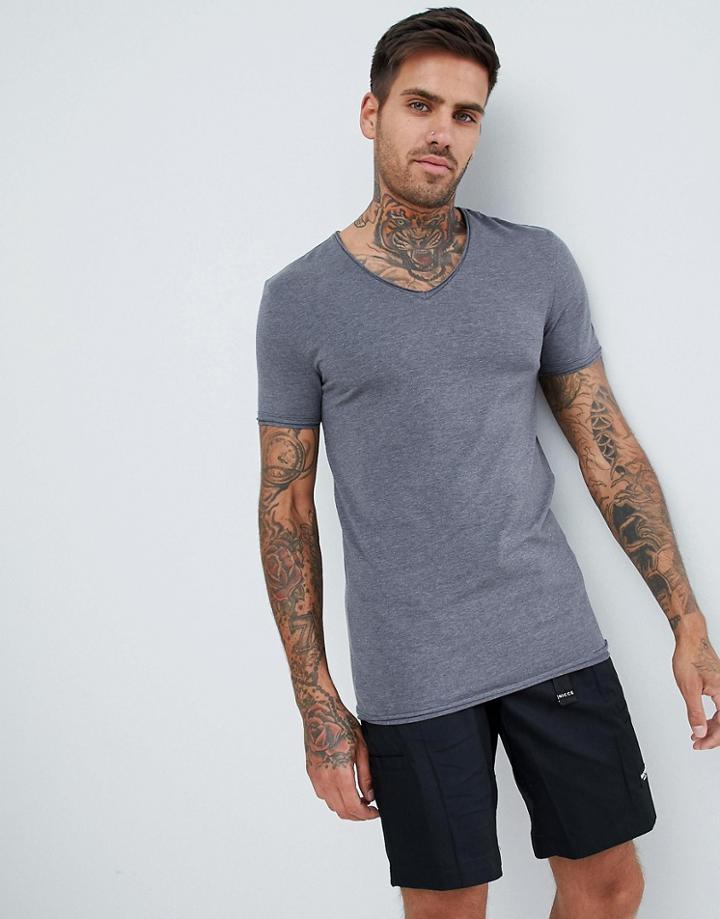 Asos Design Muscle Fit T-shirt With V Neck And Raw Edges In Grey - Gray