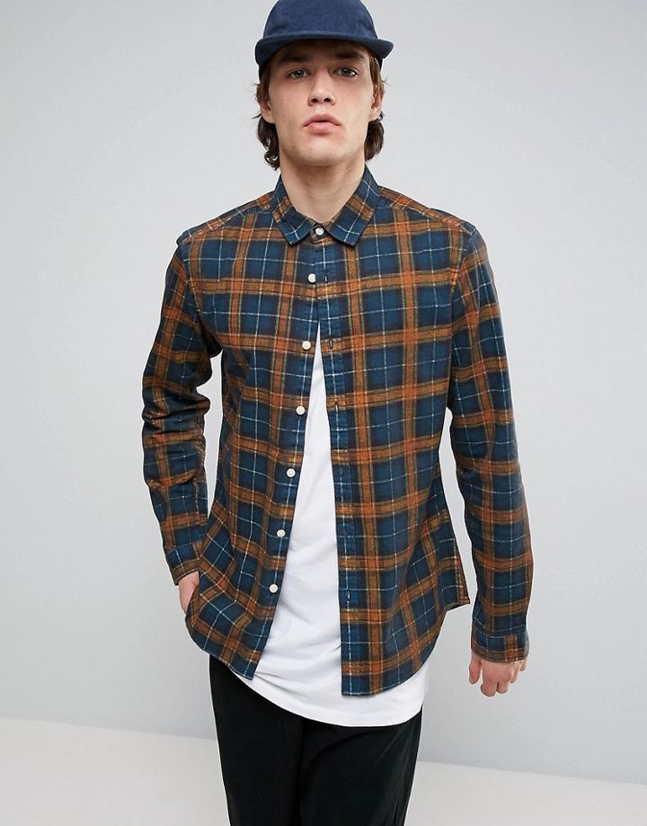 Asos Strech Slim Denim Check Shirt In Blue - Blue