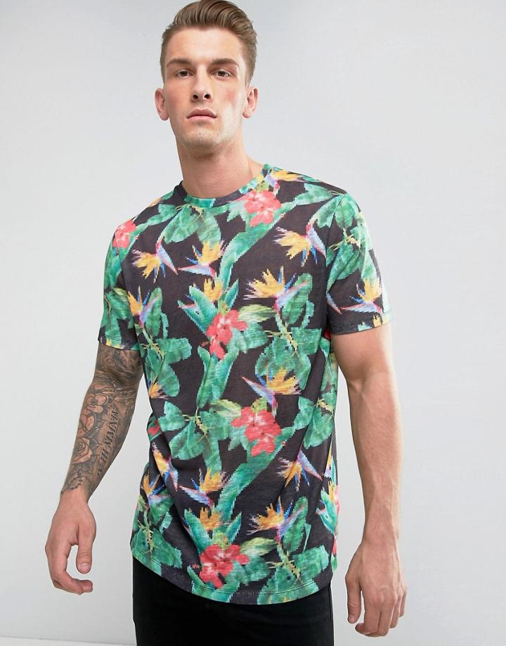 Asos Longline T-shirt In Linen Look Fabric With Digital Floral - Black