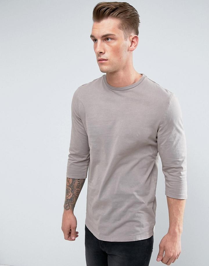 New Look 3/4 Sleeved Top With Curved Hem In Light Brown - Stone