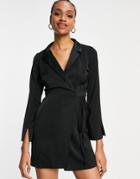 Asos Design Collared Satin Wrap Mini Dress With Tie Detail In Black