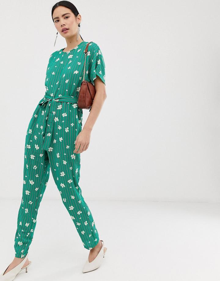 Pieces Elli Floral Print Wide Leg Jumpsuit - Green