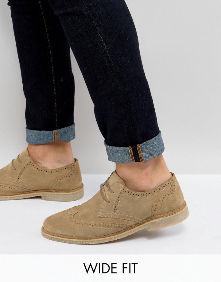 Asos Wide Fit Derby Shoes In Stone Suede With Brogue Detailing - Stone