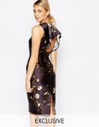 Hope And Ivy Pencil Dress In Sateen Floral Print With Frill Back Detail - Black Sateen Multi