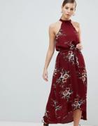 Ax Paris High Neck Belted Floral Maxi Dress - Red