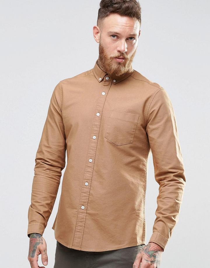 Asos Oxford Shirt In Tan With Long Sleeves In Regular Fit - Tan
