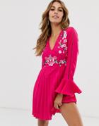 Asos Design Embroidered Pleated Mini Dress With Lace Inserts-pink