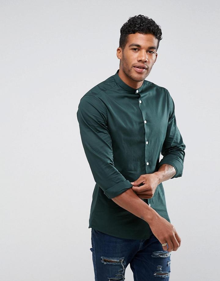 Asos Skinny Shirt In Dark Teal With Grandad Collar - Green