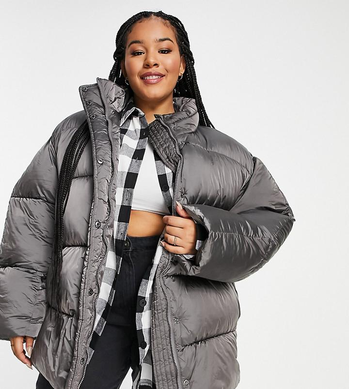 Asos Design Curve Luxe Shiny Oversized Puffer Jacket In Charcoal-grey