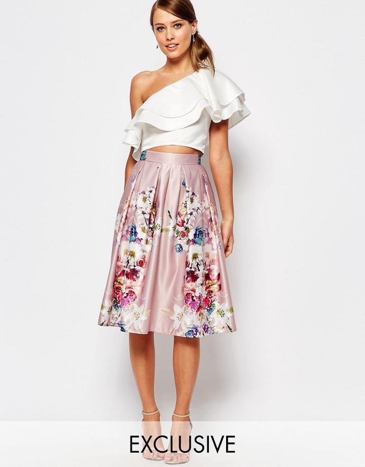 True Violet Sateen Midi Skirt In Floral Print - Taupe Floral