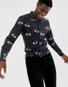 Moss London Skinny Fit Revere Collar Shirt In Dark Floral Print - Black