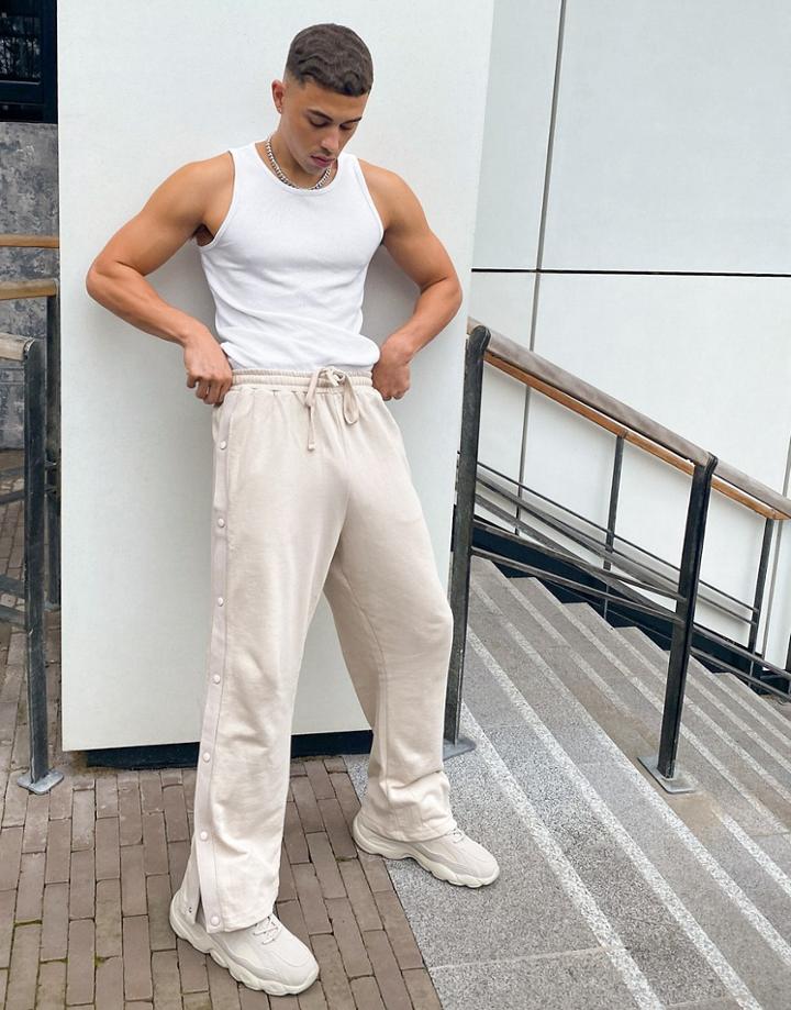 Asos Design Oversized Straight Leg Sweatpants With Snaps In Beige-neutral