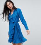 Asos Tall Long Sleeve Ruffle Wrap Mini Dress - Blue