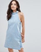 Pull & Bear Denim Dress With Choker Detail - Blue