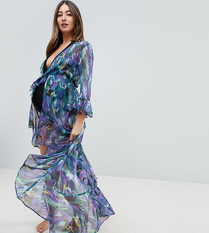 Asos Maternity Peacock Print Tie Front Beach Kimono - Multi