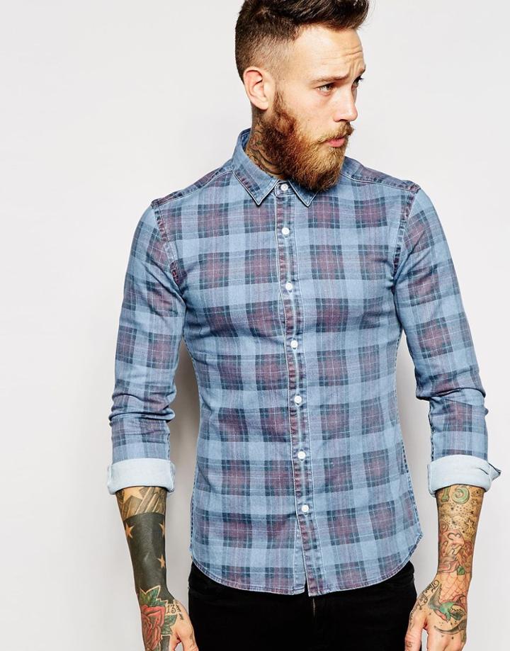 Asos Skinny Denim Shirt With Printed Check And Long Sleeves - Blue