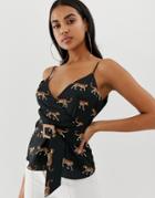 4th + Reckless Printed Cami Wrap Top With Wooden Buckle Detail In Black-multi