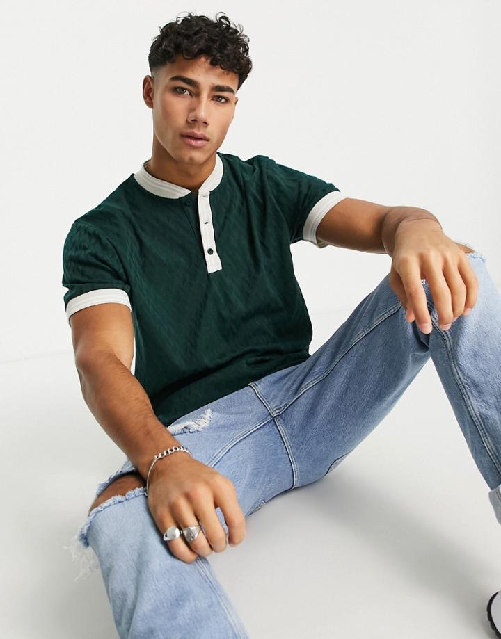 Asos Design T-shirt In Green Texture With Contrast Neck And Cuffs