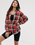 Asos Design Long Sleeve Boyfriend Shirt In Red Plaid Check-multi