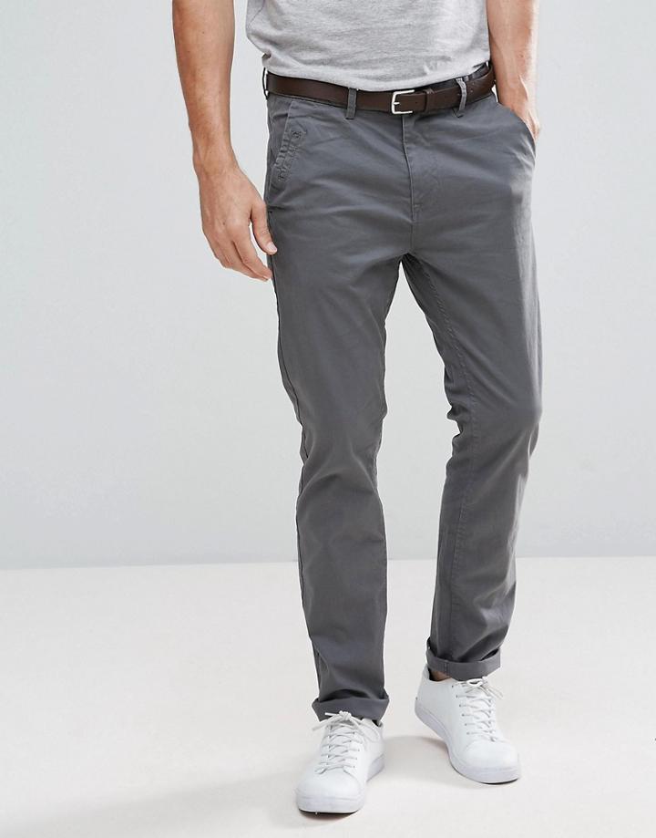 Stradivarius Slim Chino With Belt In Dark Gray - Gray