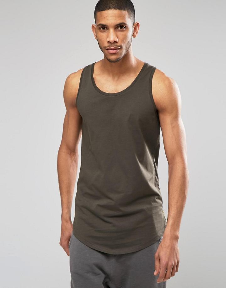 Asos Longline Tank With Curve Hem And Zips In Khaki - Khaki