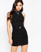 Maya High Neck Embellished Mini Dress - Black