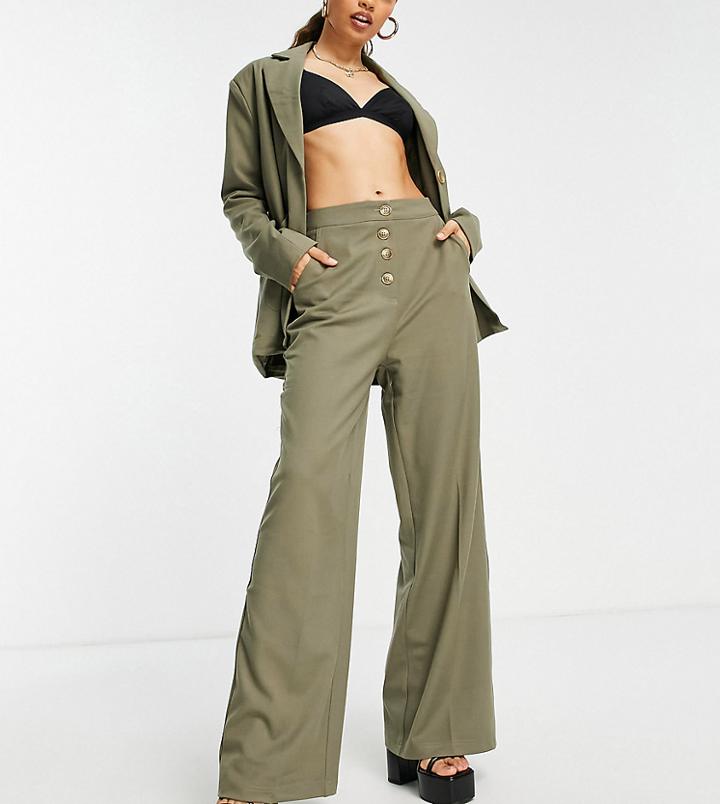 4th & Reckless Petite Wide Leg Pants With Button Detail In Olive - Part Of A Set-green