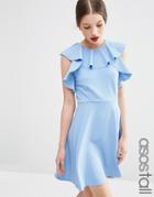 Asos Tall Skater Dress With Ruffle Neck - Blue