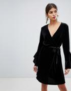 Vila Velvet Sleeve Ruffle Wrap Dress - Black